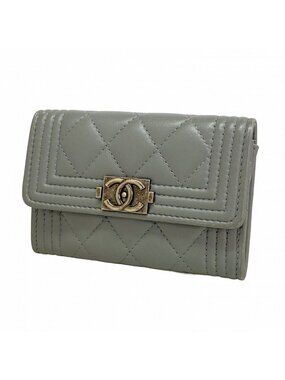 Chanel Card Case Lambskin Gray Silver
